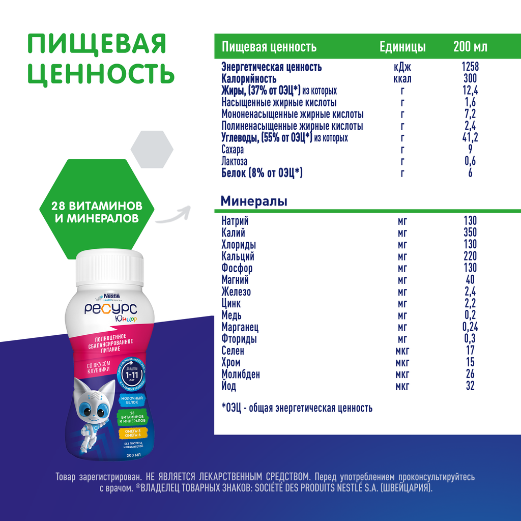 Resource Clinutren Junior полноценное питание для детей 1-11 лет, клубника, 200 мл, 1 шт.