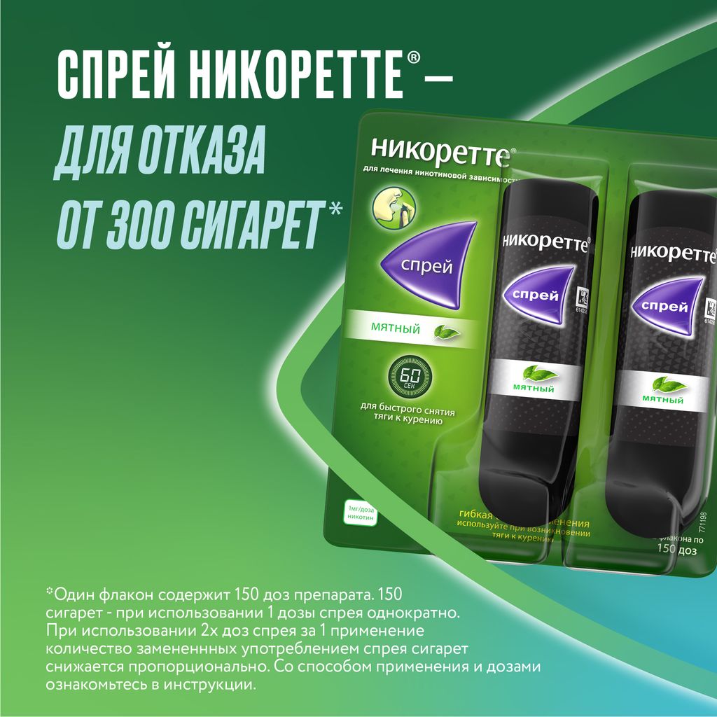 Никоретте, 1 мг/доза, 150 доз, спрей для местного применения дозированный, мята, 13.2 мл, 2 шт.