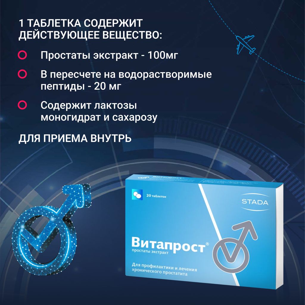Витапрост, 20 мг, таблетки, покрытые кишечнорастворимой оболочкой, 20 шт.