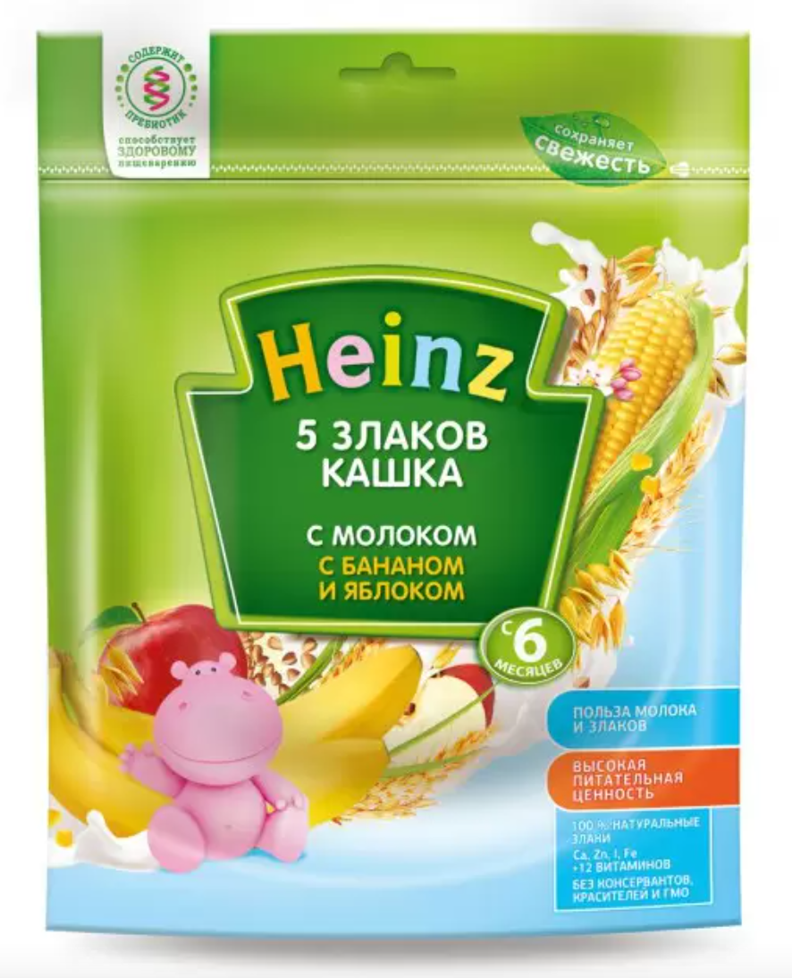 фото упаковки Heinz Каша молочная 5 злаков с бананом и яблоком
