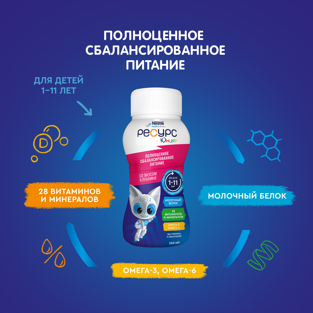 Resource Clinutren Junior полноценное питание для детей 1-11 лет, клубника, 200 мл, 1 шт.
