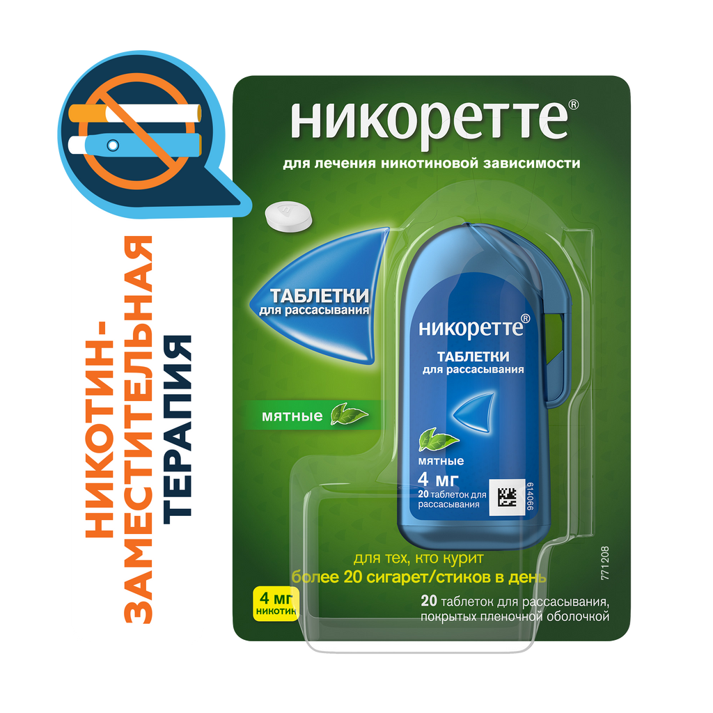 Никоретте, 4 мг, таблетки для рассасывания, мята, 20 шт.