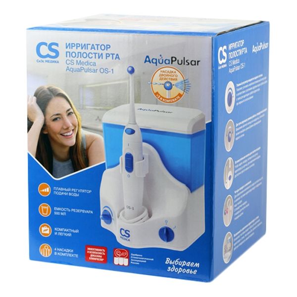 AquaPulsar Ирригатор для полости рта CS Medica OS-1, 2 режима работы, 4 насадки, цвет в ассортименте, 1 шт.
