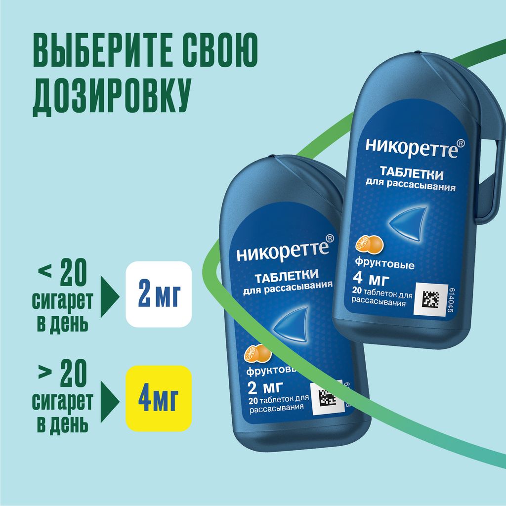 Никоретте, 4 мг, таблетки для рассасывания, фруктовый, 20 шт.