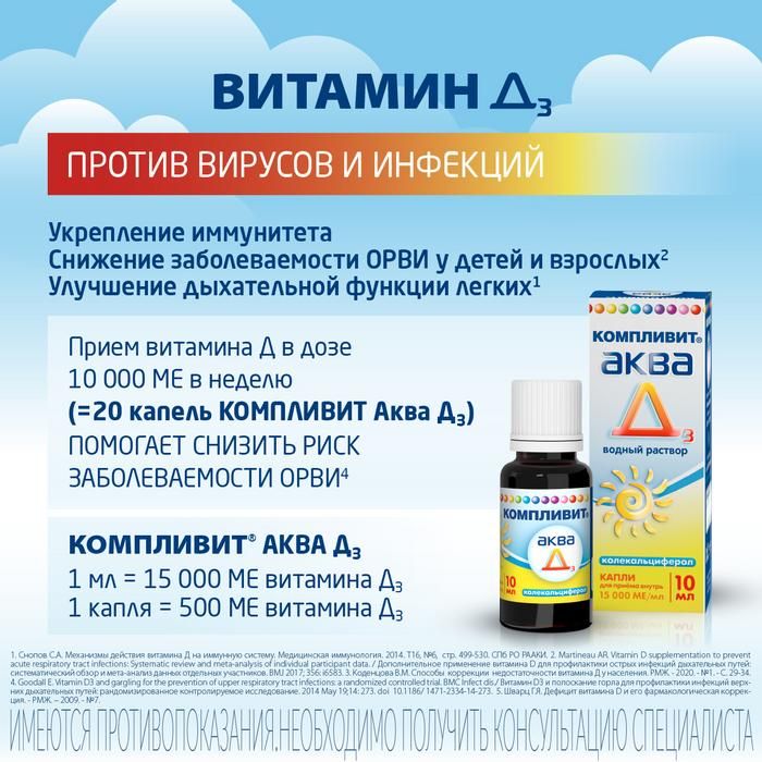 Компливит Аква Д3, 15000 МЕ/мл, капли для приема внутрь, витамин Д3, 10 мл, 1 шт.