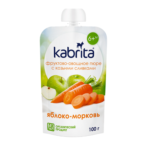 Kabrita Пюре фруктовое с козьими сливками, для детей с 6 месяцев, пюре, морковь яблоко, 100 г, 1 шт.