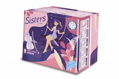 Sisters Ultra Maxi прокладки женские гигиенические, 5 капель, прокладки ночные, поверхность сеточка, 8 шт.