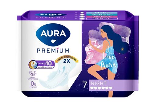 Aura premium прокладки женские гигиенические night, прокладки ночные, 6 капель, 7 шт.