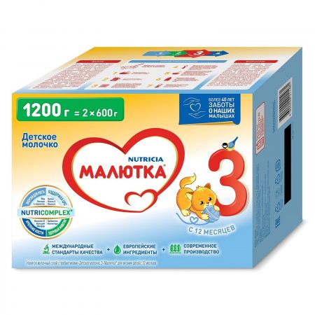 Малютка 3 Детское молочко, смесь молочная сухая, с 12 месяцев, 1200 г, 1 шт.