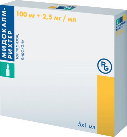 Мидокалм-Рихтер, 100 мг+2.5 мг/мл, раствор для внутримышечного введения, 1 мл, 5 шт.