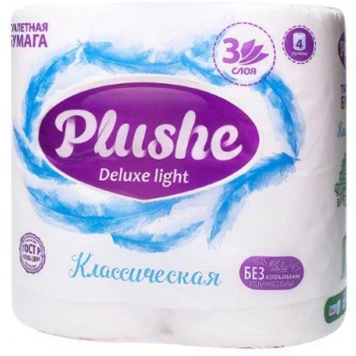 Plushe Deluxe туалетная бумага, туалетная бумага классическая, трехслойная, белого цвета, 4 шт.
